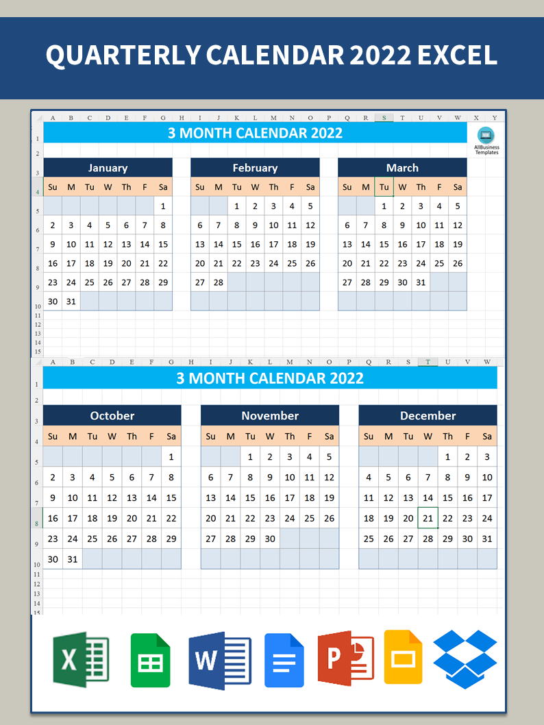 2022 Quarterly Calendar 模板