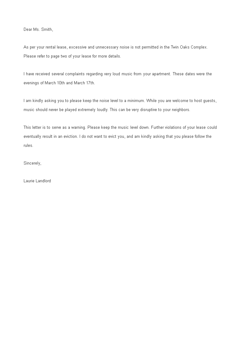 sample noise complaint letter from landlord voorbeeld afbeelding 