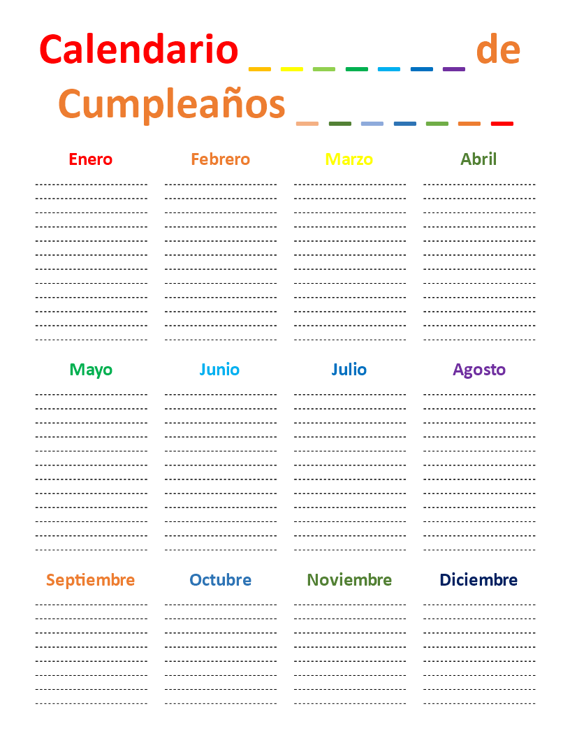 Calendario de cumpleaños en tabla de colores de arco iris 模板