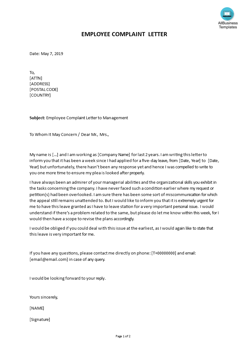 employee complaint letter to management template