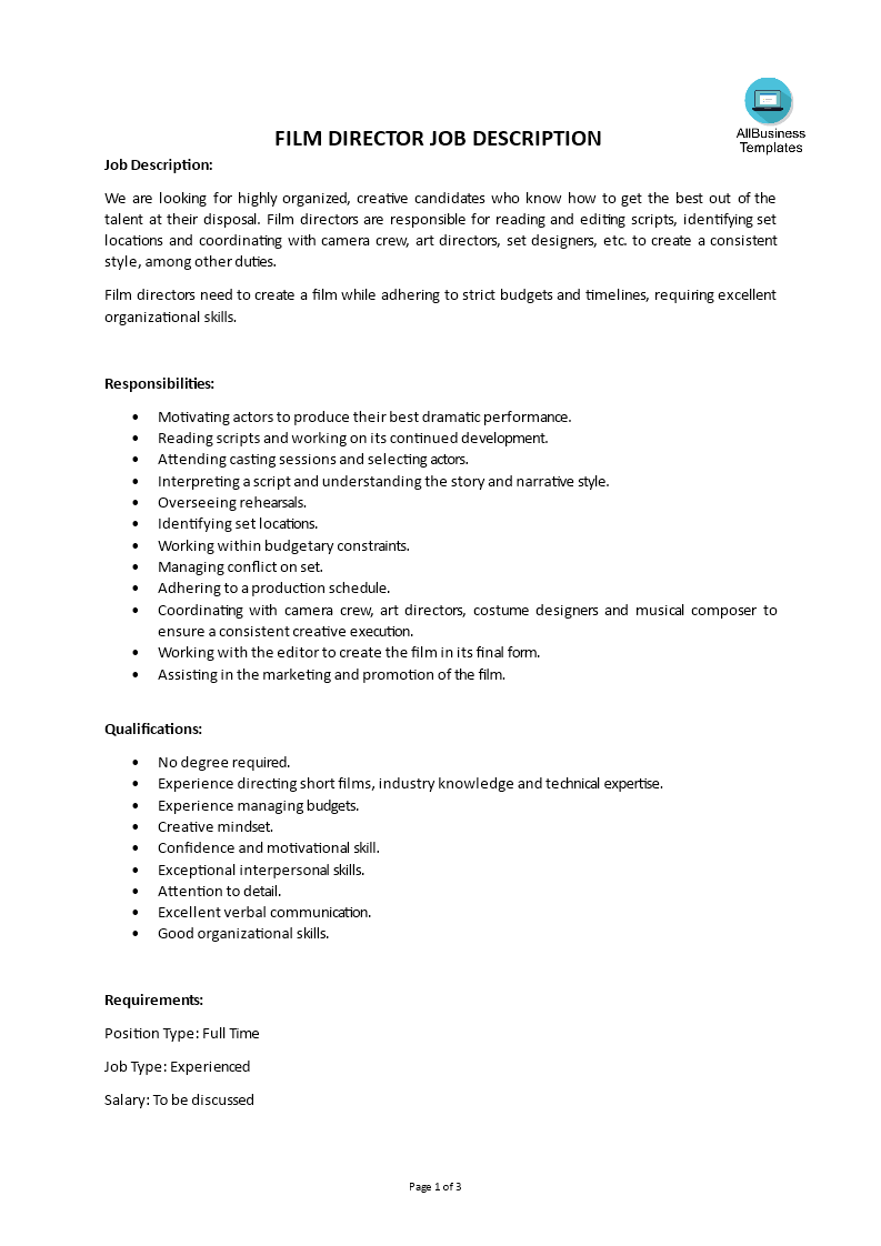 film director job description template