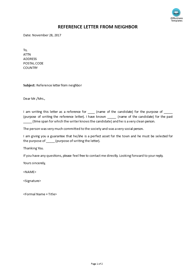 Reference Letter From Neighbor 模板