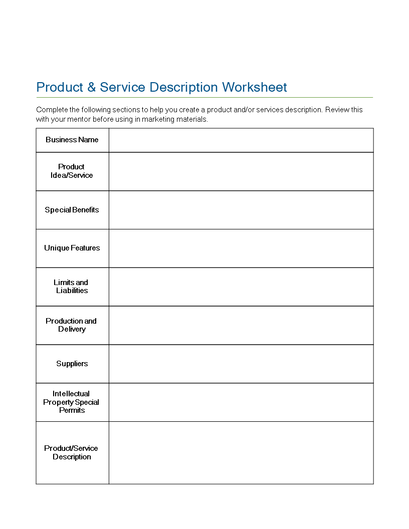 product service description worksheet template