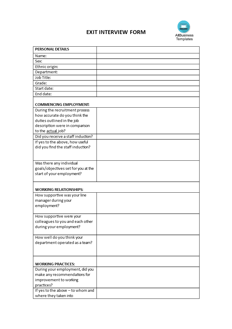 exit interview form in word format template