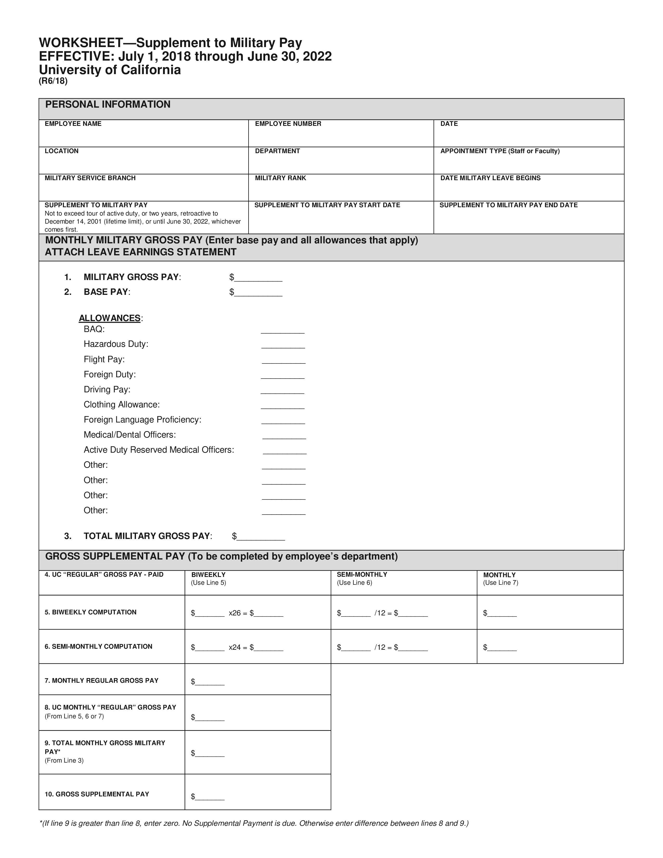 supplement to military pay worksheet modèles