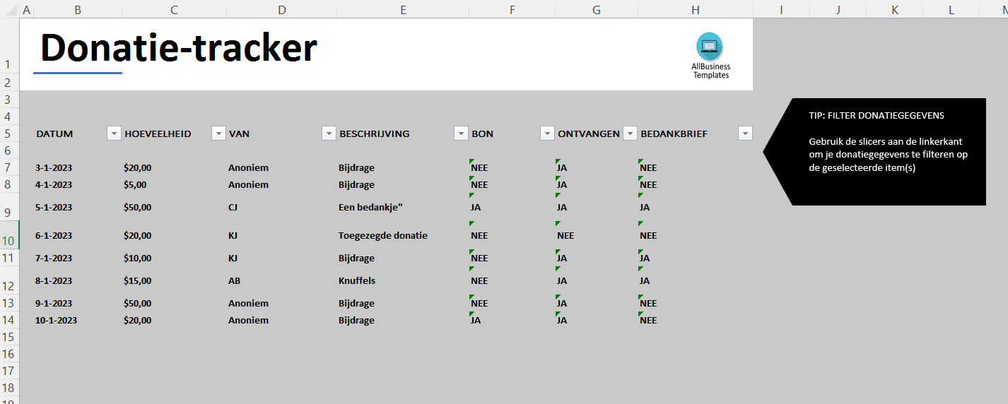 donatie tracker excel template