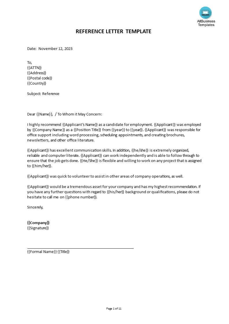 professional work reference letter template