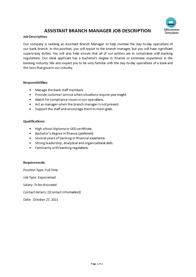 assistant branch manager job description template