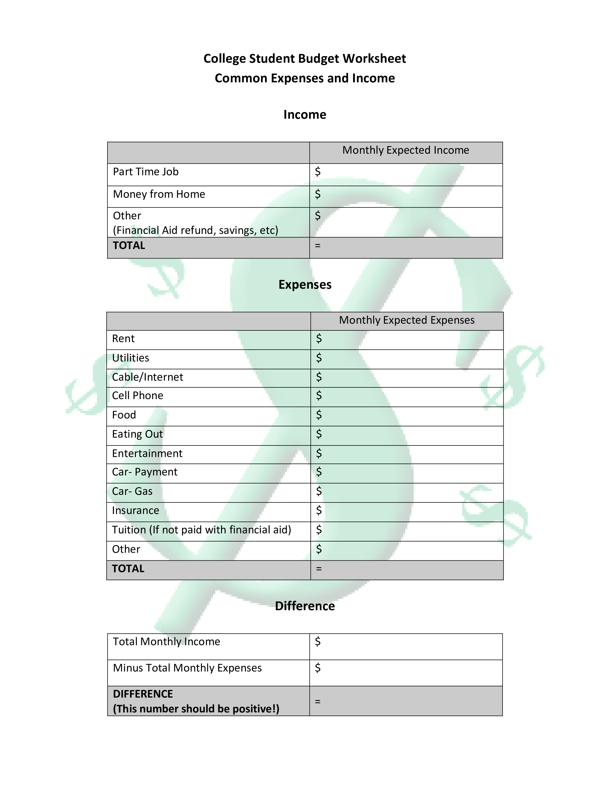 college budget worksheet Hauptschablonenbild