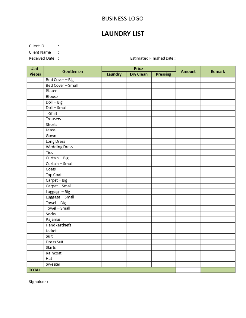 Prima Laundry Service Price List