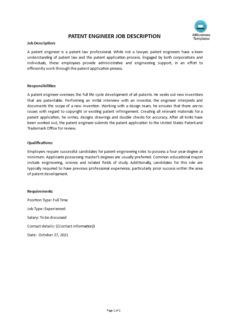 patent engineer job description modèles