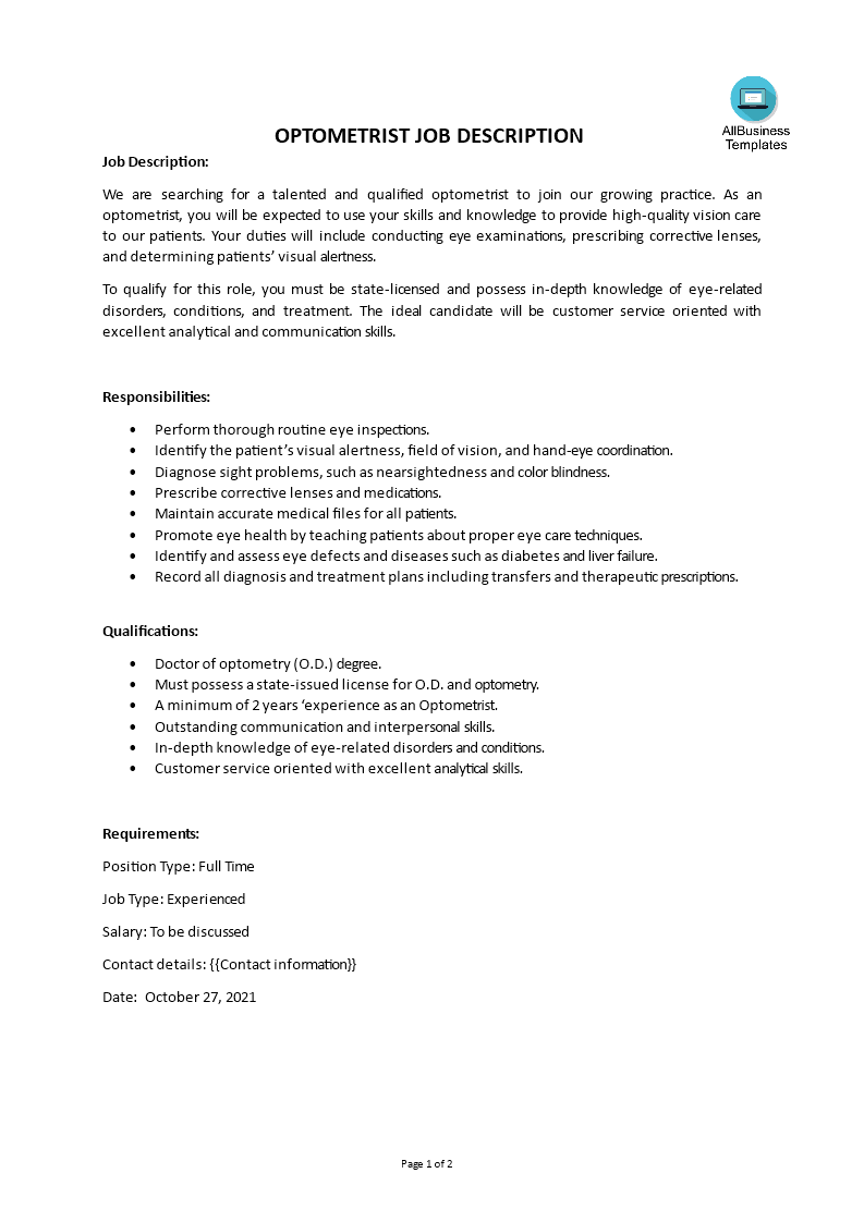 optometrist job description plantilla imagen principal