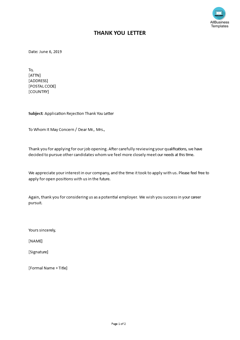 application rejection thank you letter template