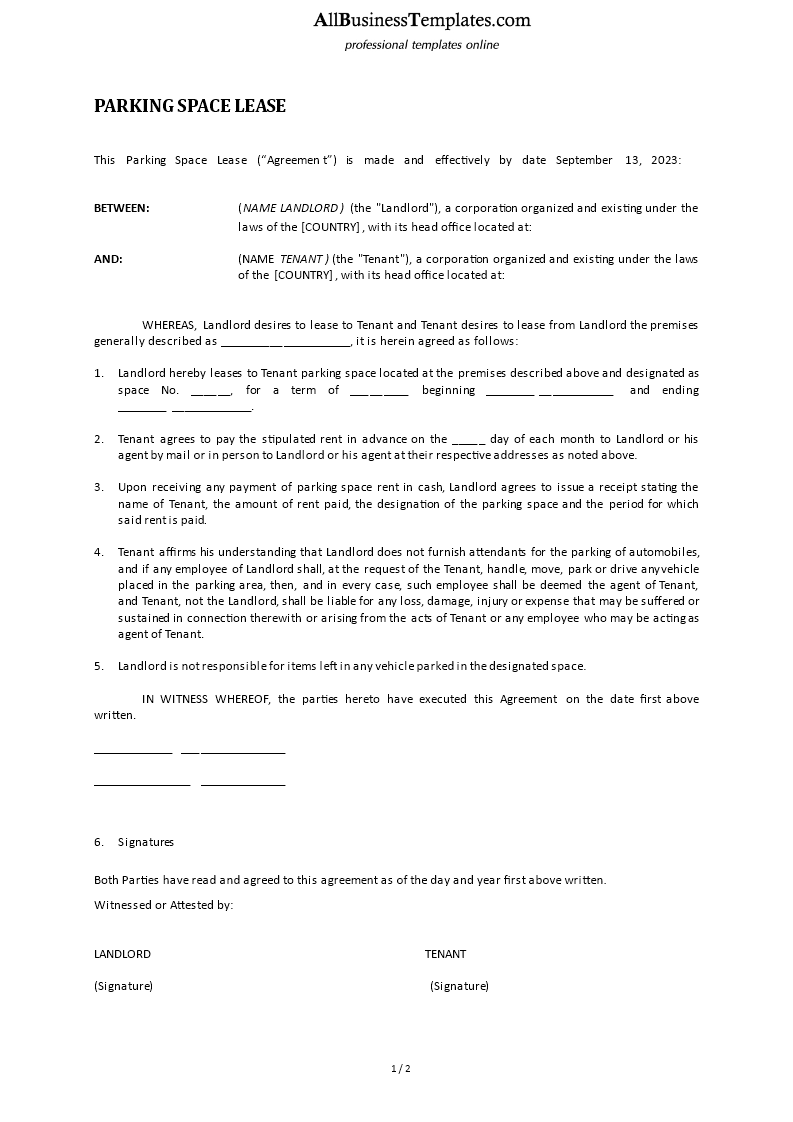 Parking Space Lease Agreement main image