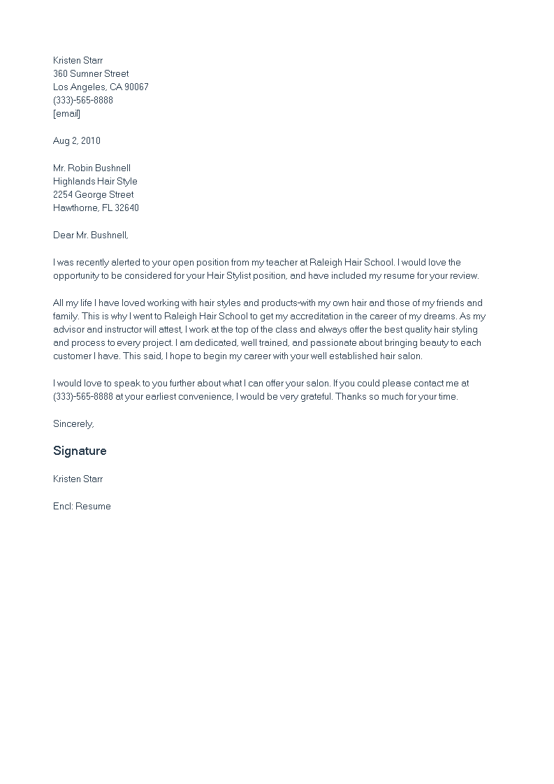 student hair stylist cover letter template