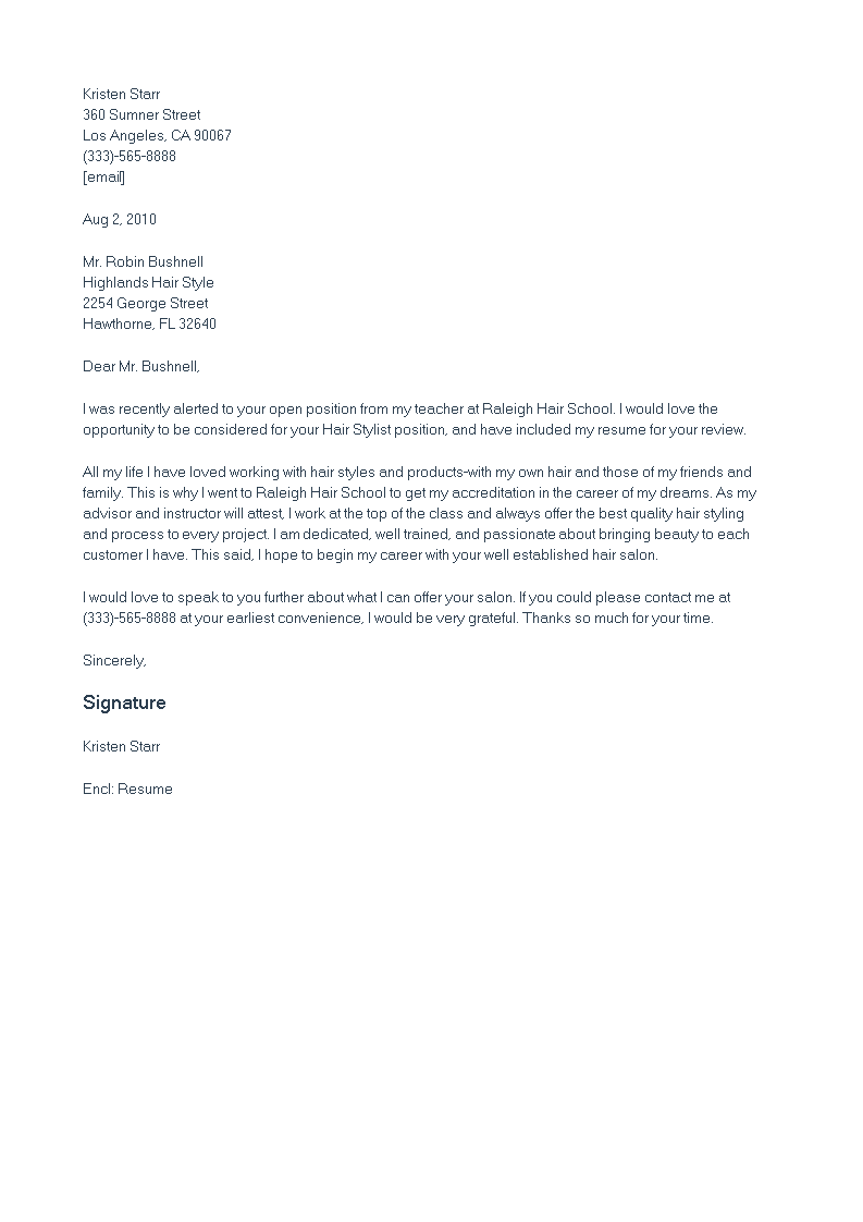 student hair stylist cover letter modèles