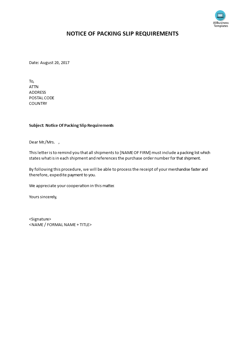 notice for packling list requirements template