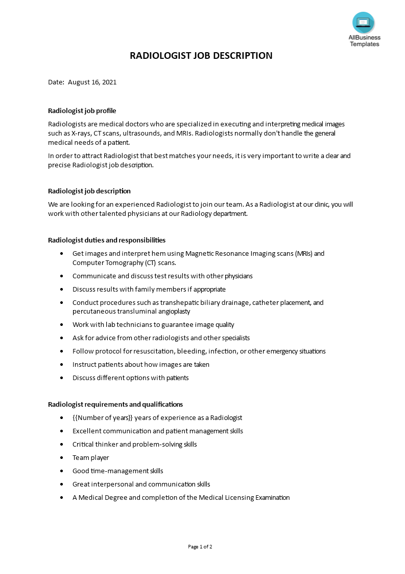 radiologist job description template