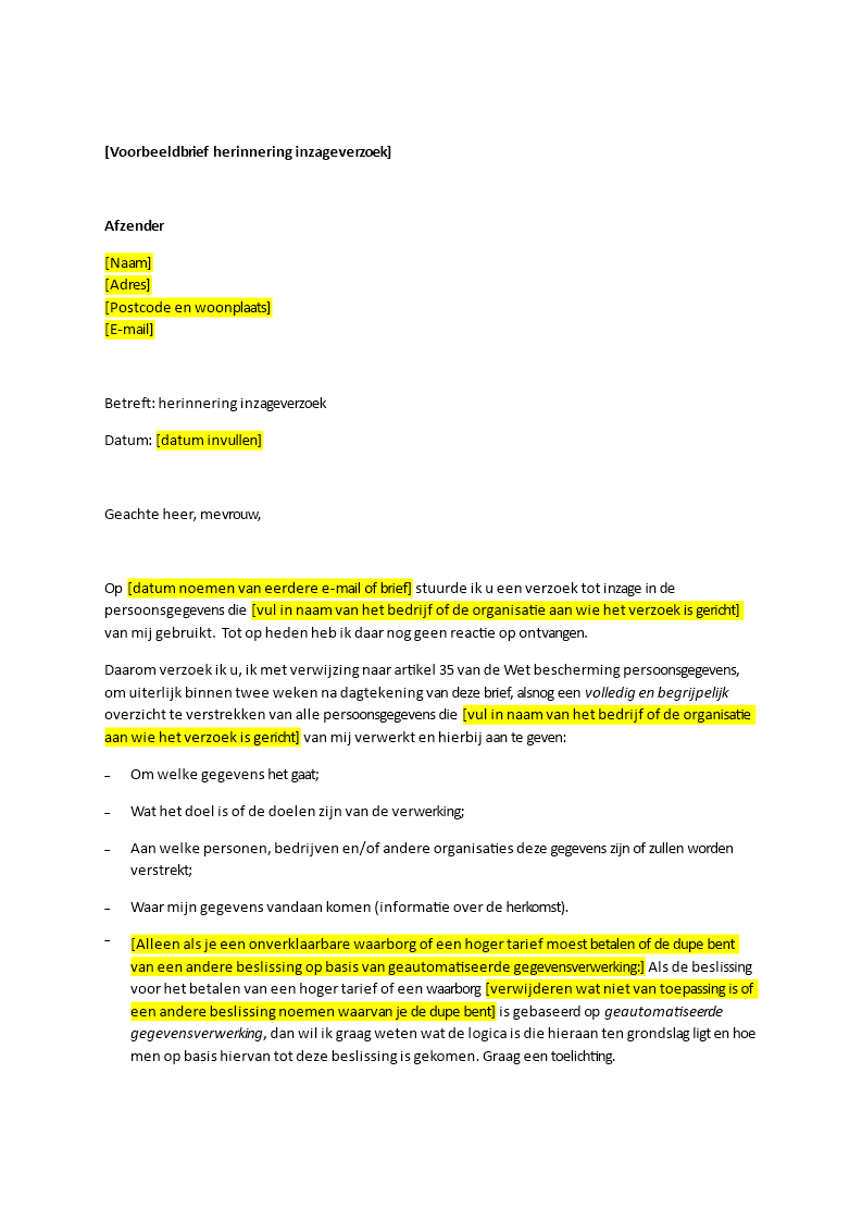 brief herinnering inzageverzoek template