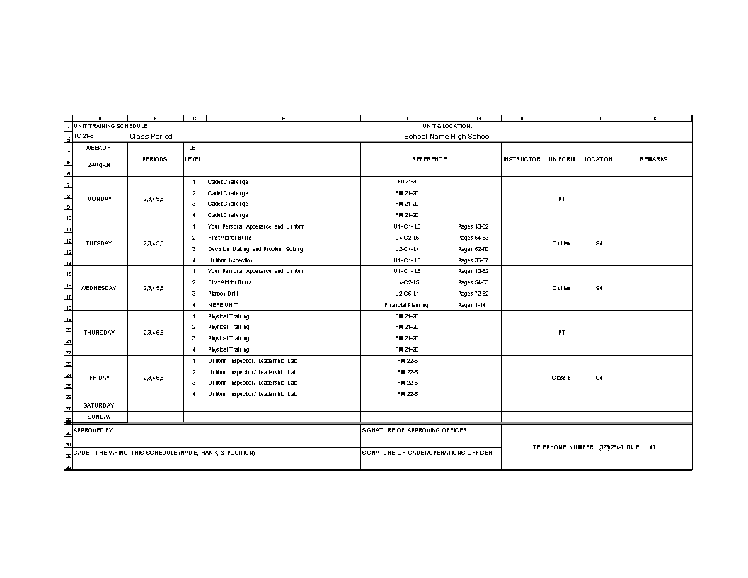 weekly training schedule template