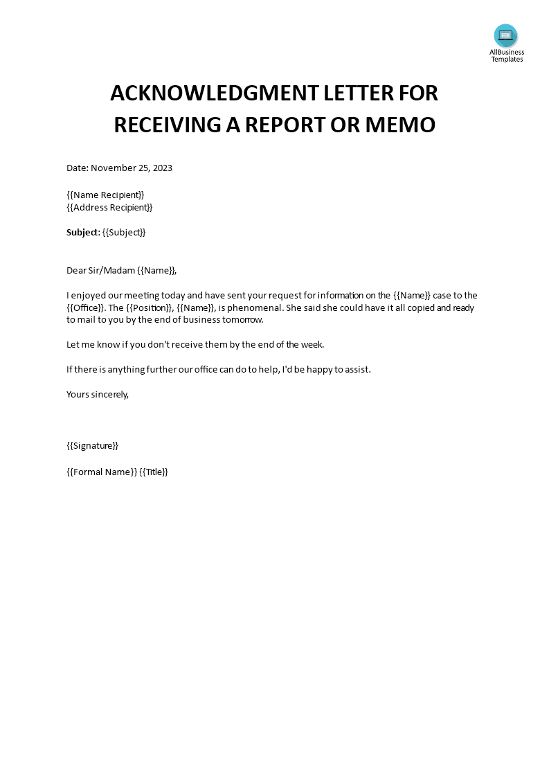 acknowledgment letter for receiving a report template