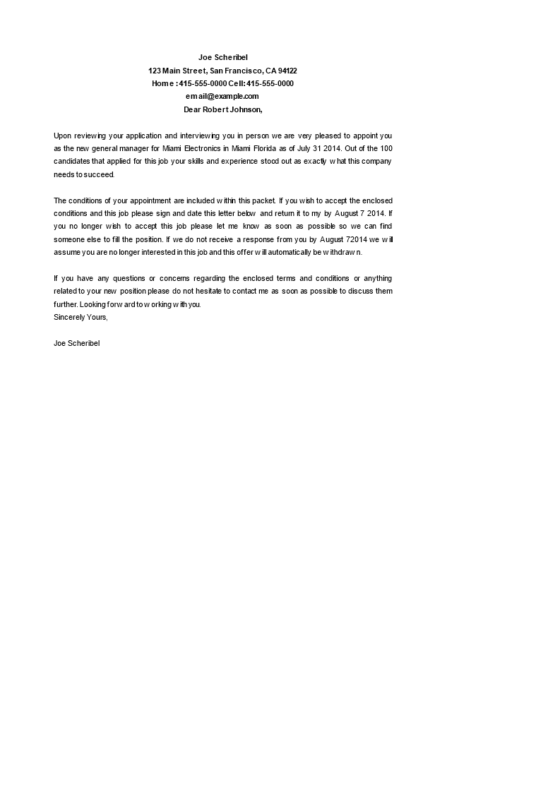 general manager appointment letter template
