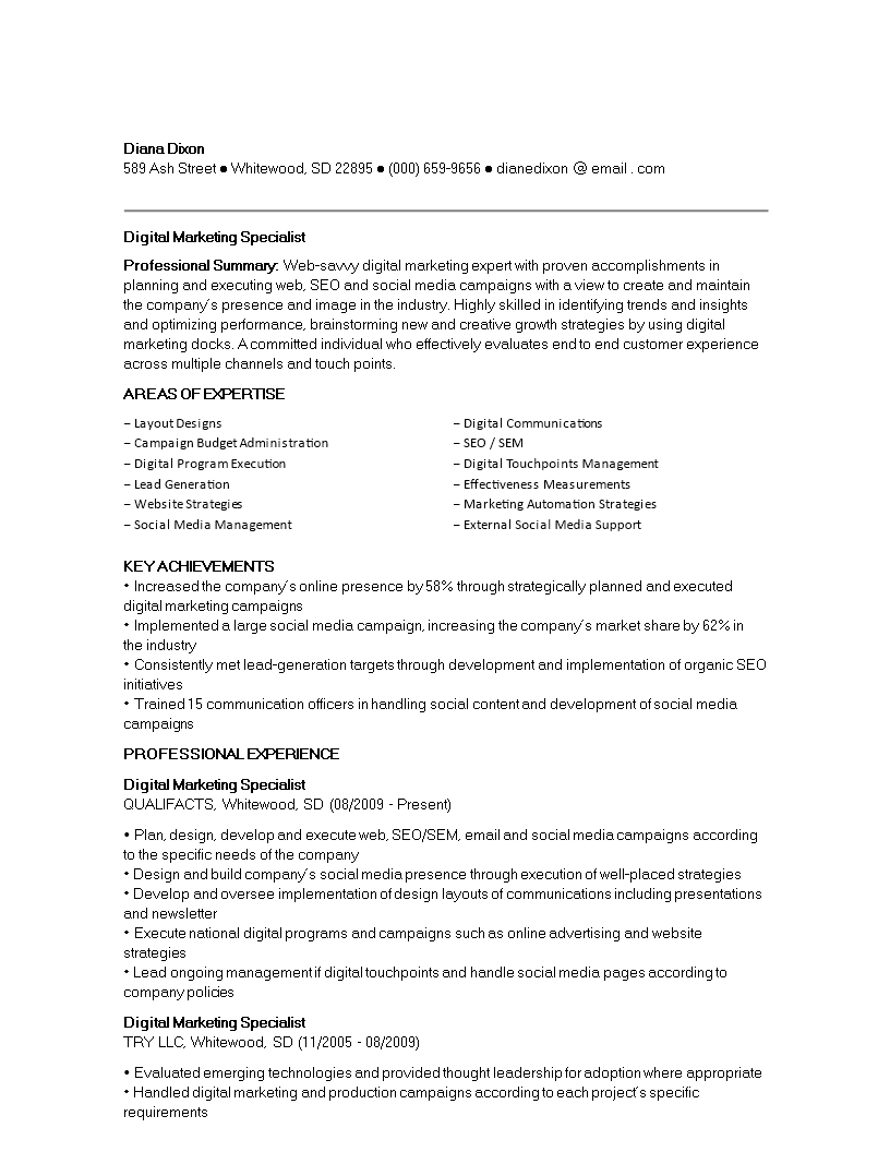 digital marketing specialist curriculum vitae template