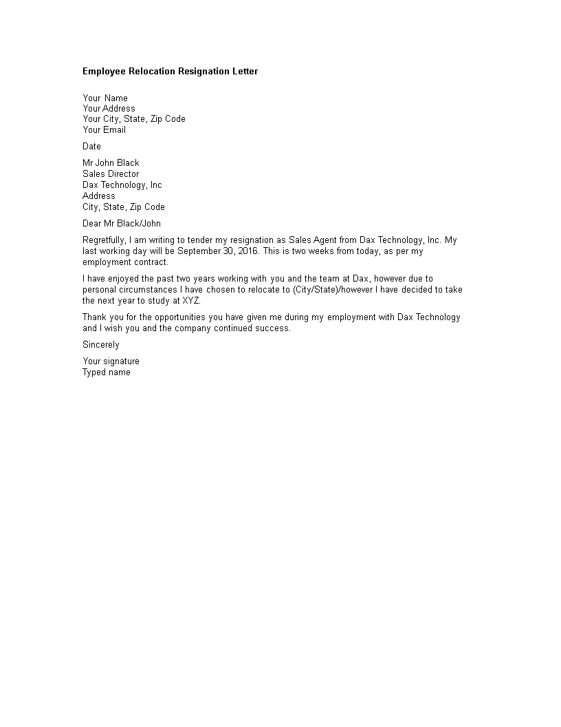 employee relocation resignation letter template