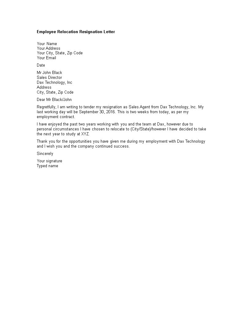 employee relocation resignation letter modèles