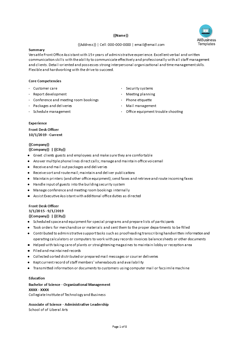 Front Desk Receptionist Cv main image