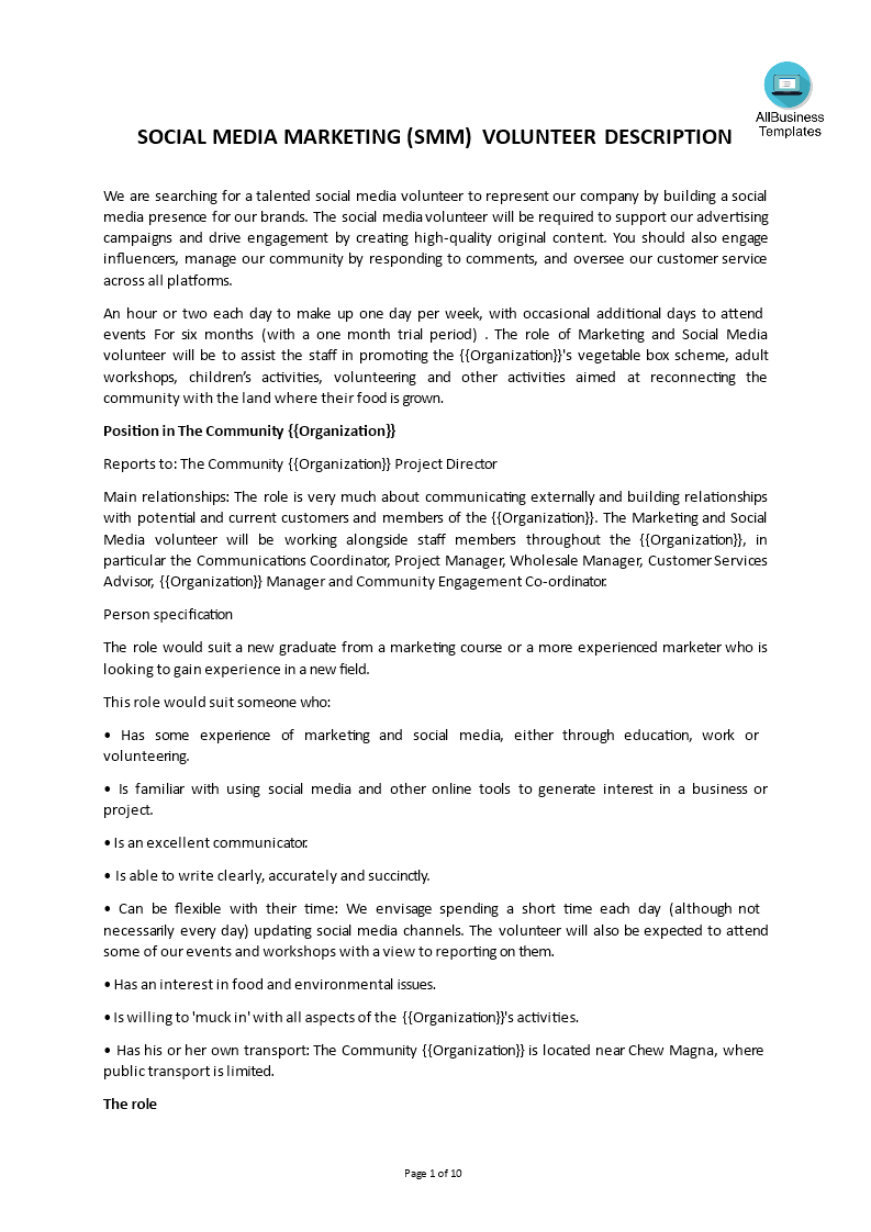 social media volunteer job description template