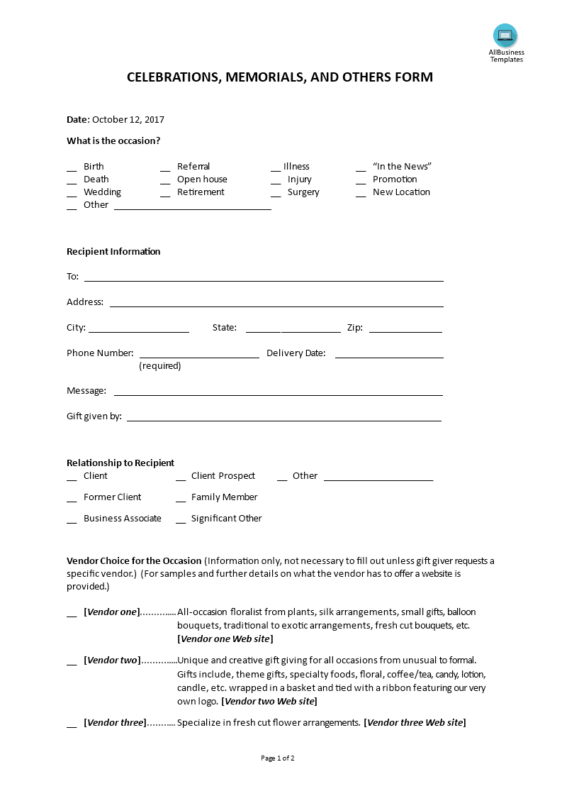 celebrations memorial form template