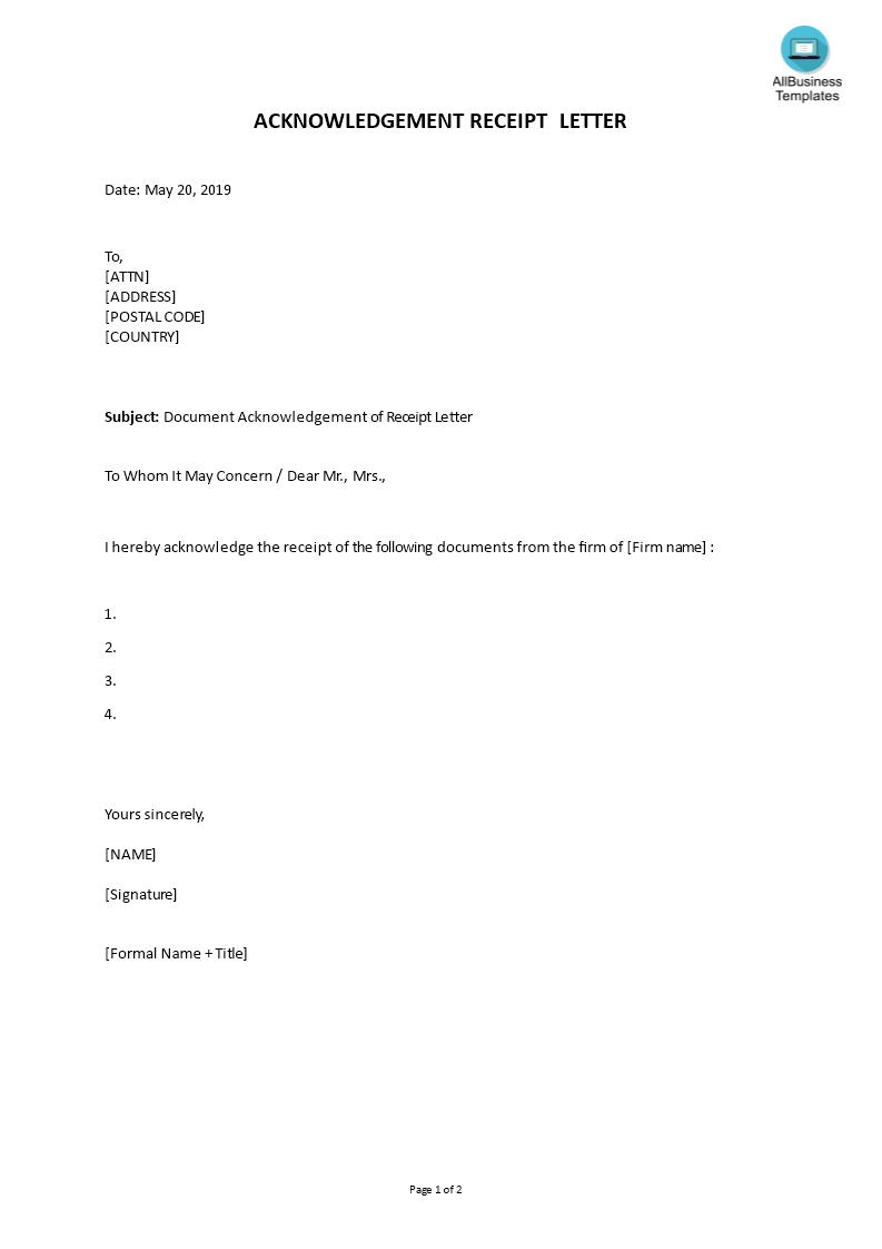 document acknowledgement of receipt letter template