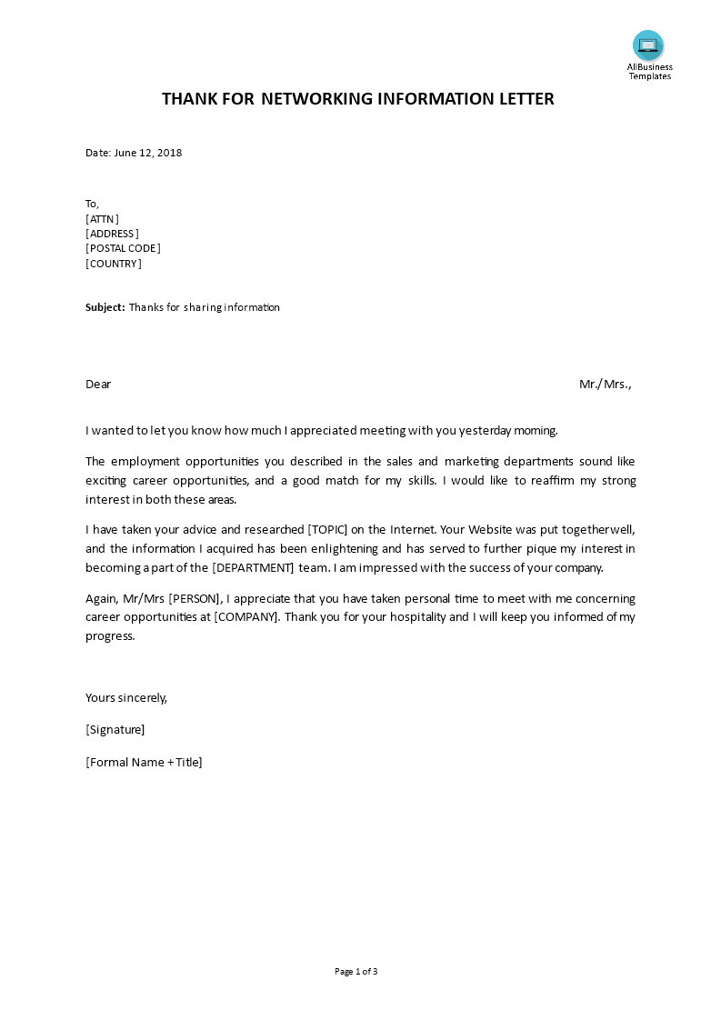 thank for networking information letter template