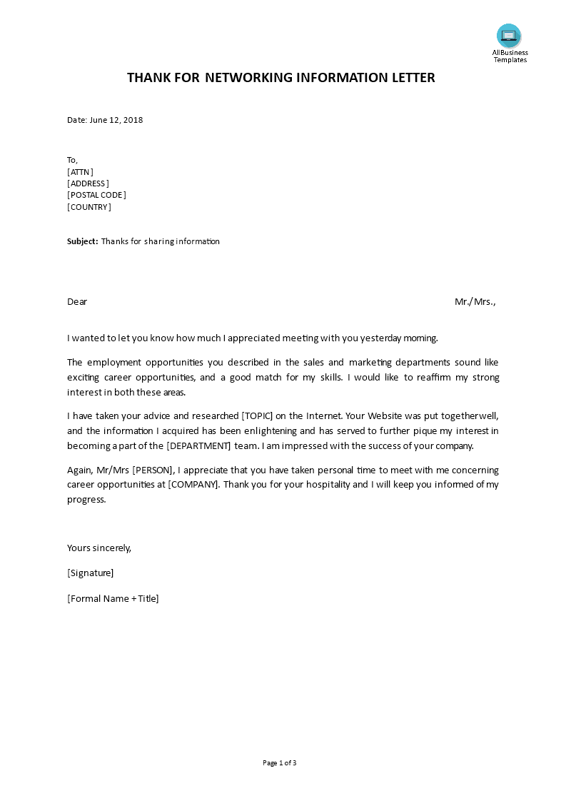 thank for networking information letter voorbeeld afbeelding 