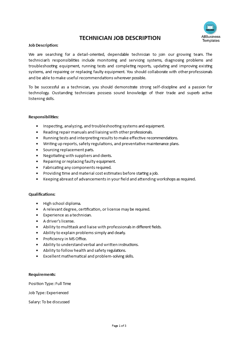 technician job description template