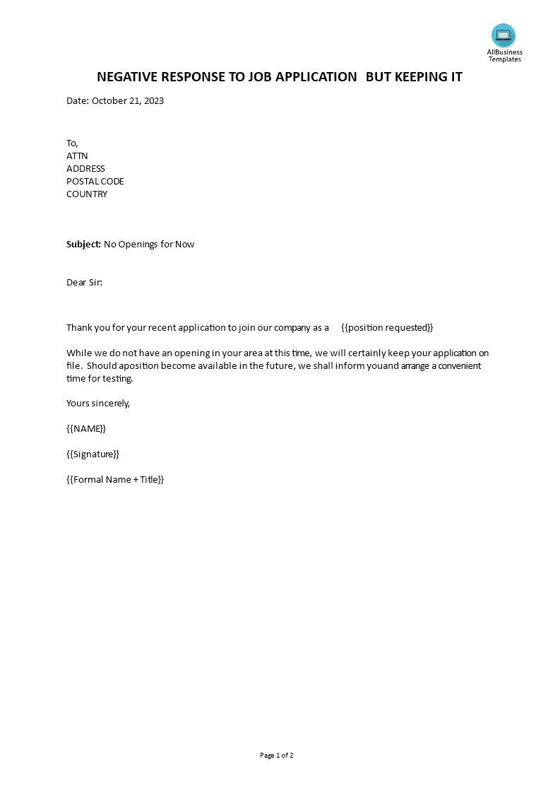 negative response job application template