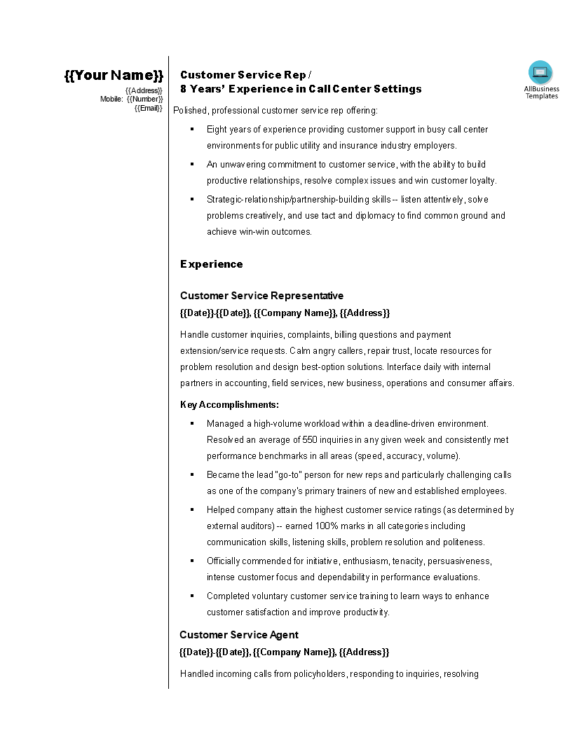 Sales Customer Service Representative Resume 模板