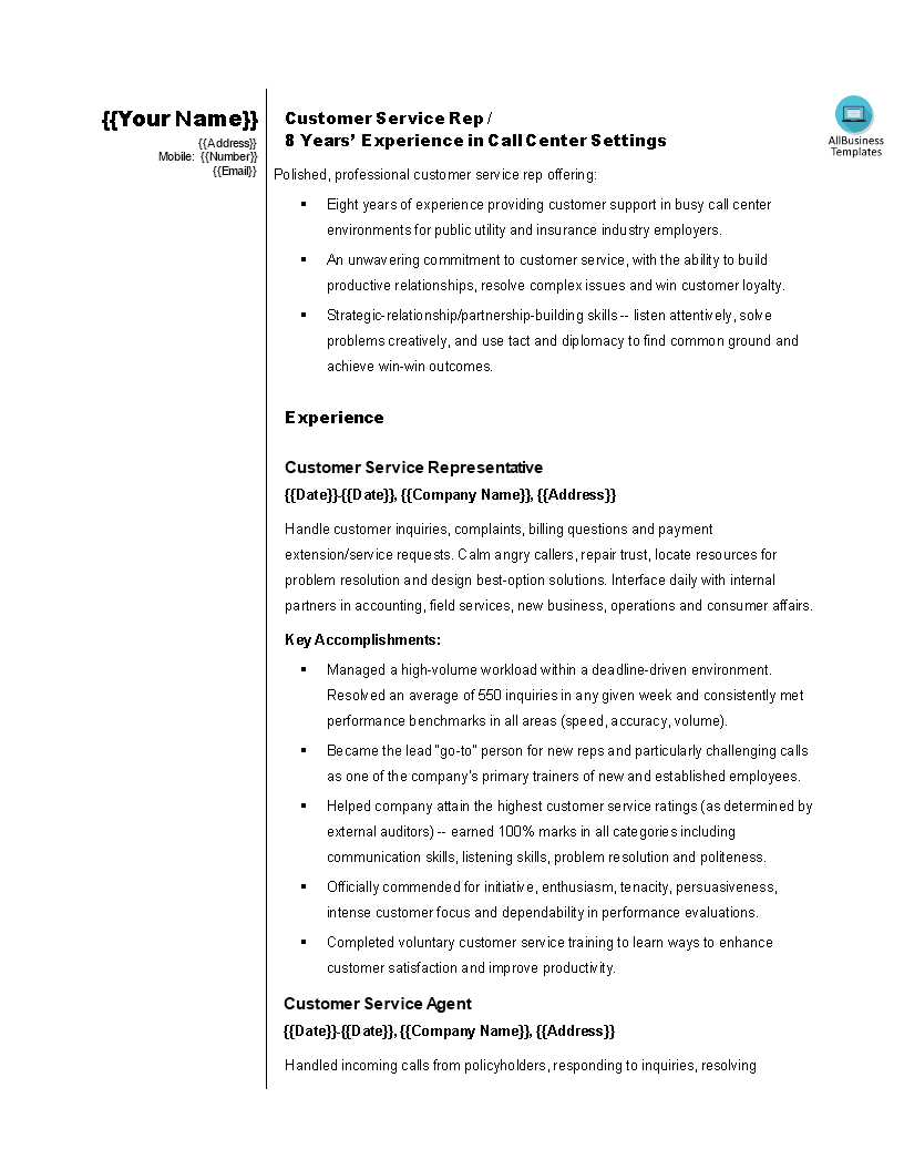 sales customer service representative resume modèles