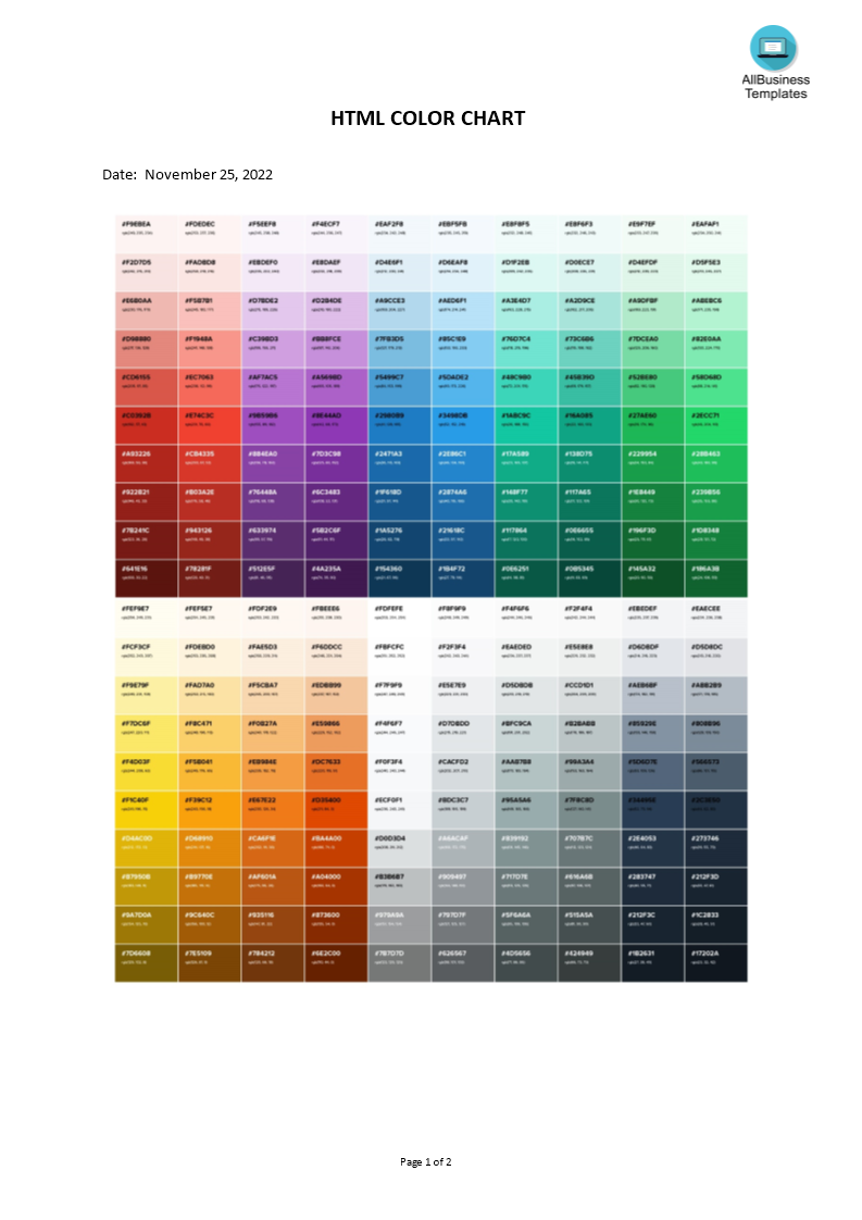 html color codes chart template