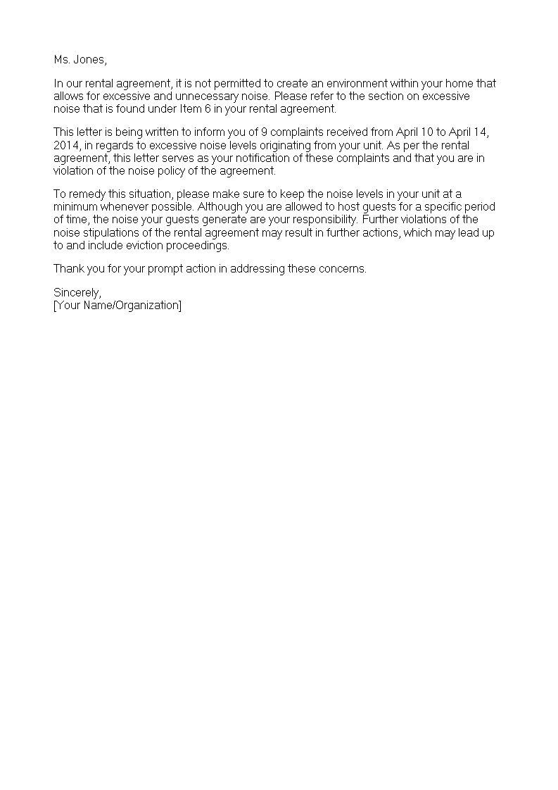 tenant noise complaint letter template