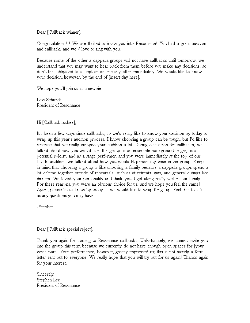 audition rejection letter template