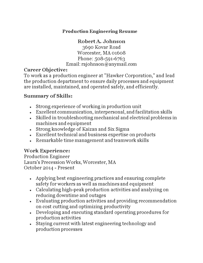 production engineering resume modèles