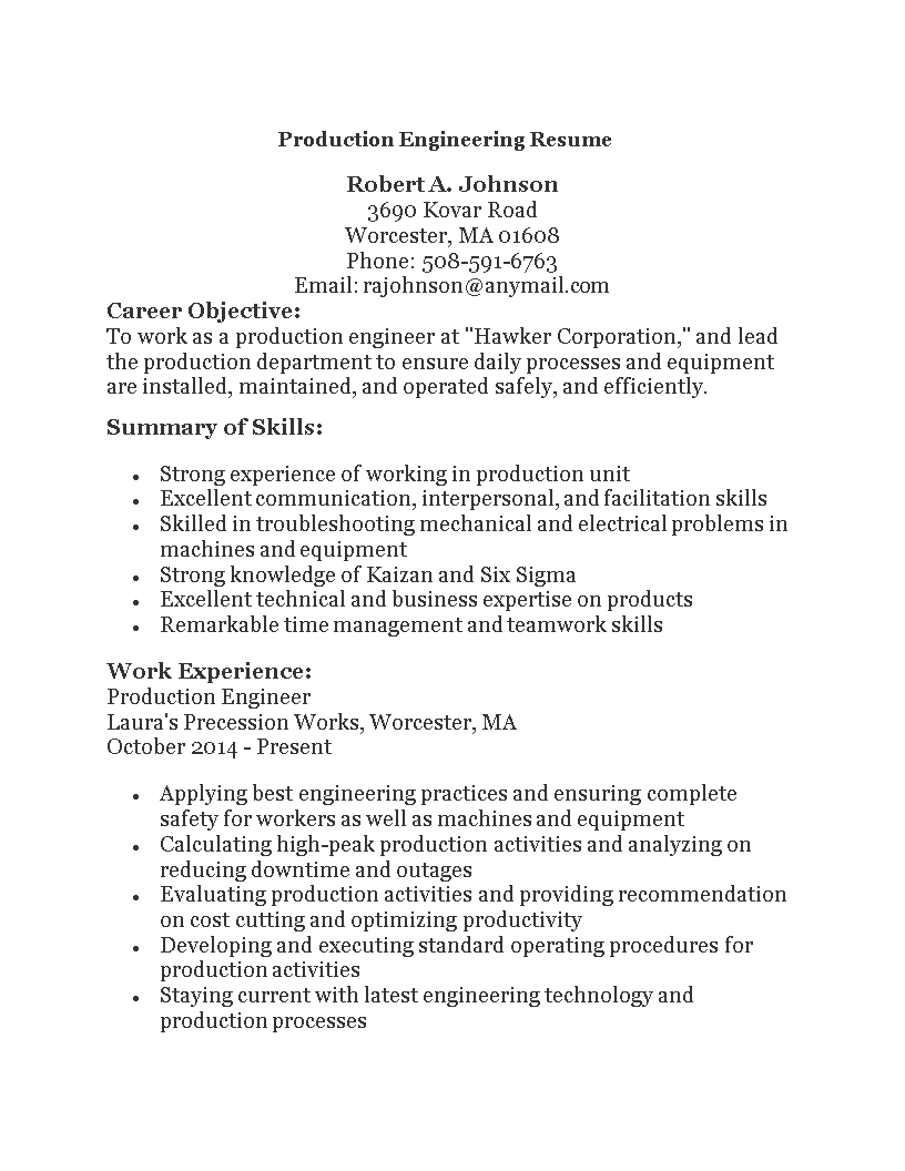 Production Engineering Resume main image