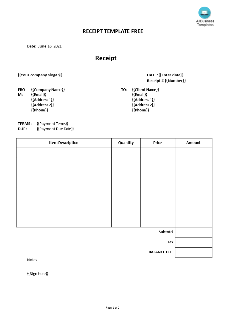 receipt template free voorbeeld afbeelding 