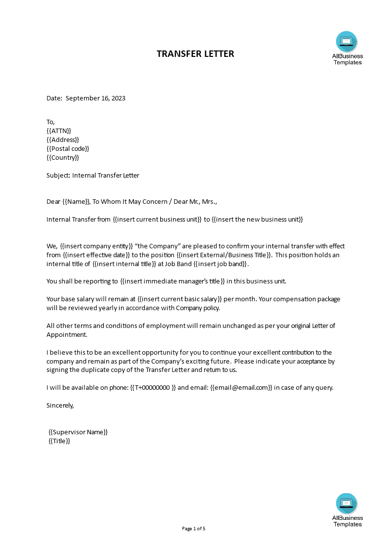 internal transfer letter template template