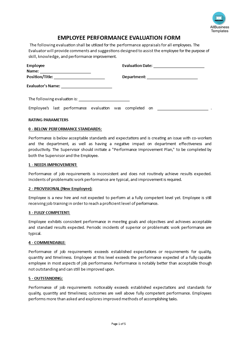 employee evaluation form modèles