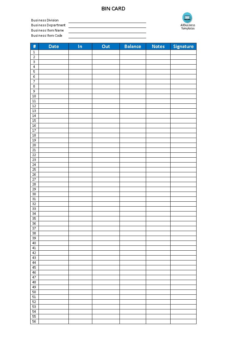 BIN Card Format Excel Templates at