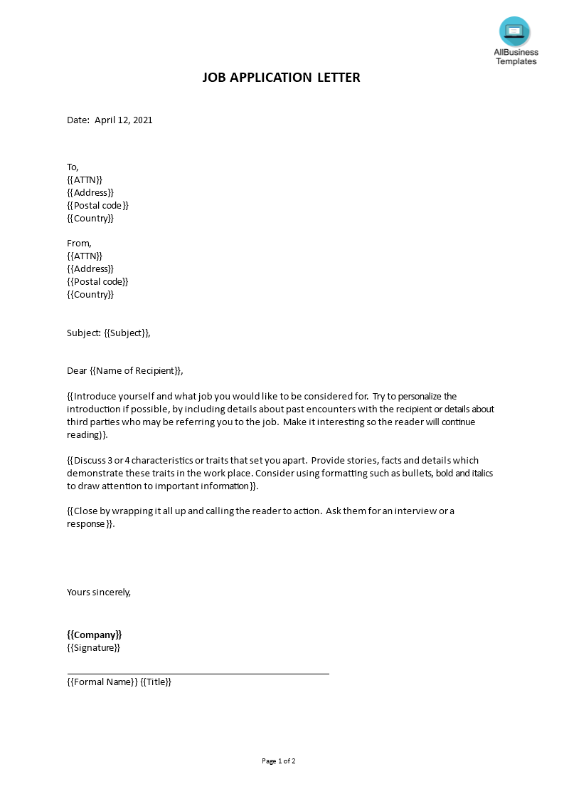 job application template voorbeeld afbeelding 