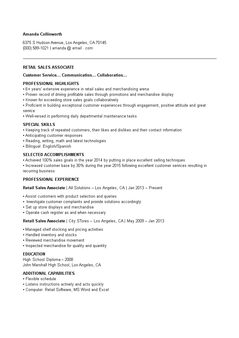 retail sales associate resume template modèles